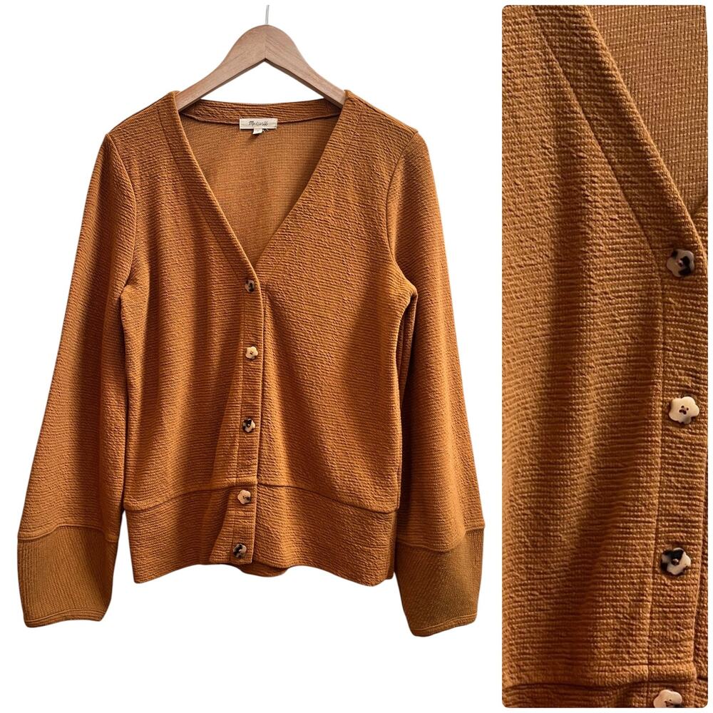 Madewell Cotton Textured Acorn Pieced Lantern Sleeve V Neckline Cardigan Small